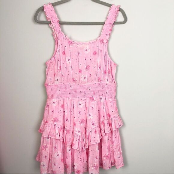 LOVESHACKFANCY | Norelli Smocked Ruffle Floral Pink Mini Dress Women’s Size L - Picture 9 of 12